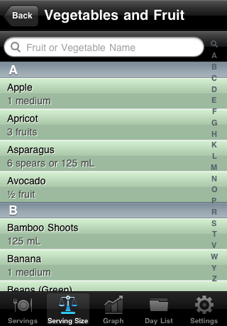 Detailed Serving Sizes Screen